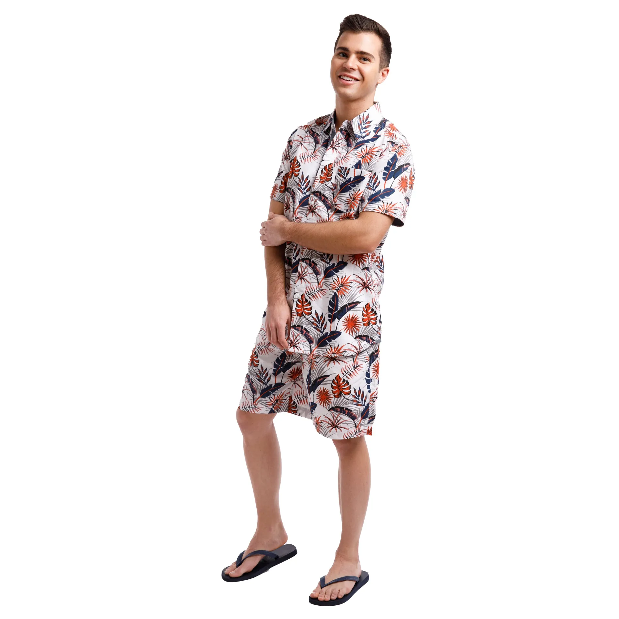 All Over Peached Poplin Print Drawstring Shorts | Orange Tropical Leaves