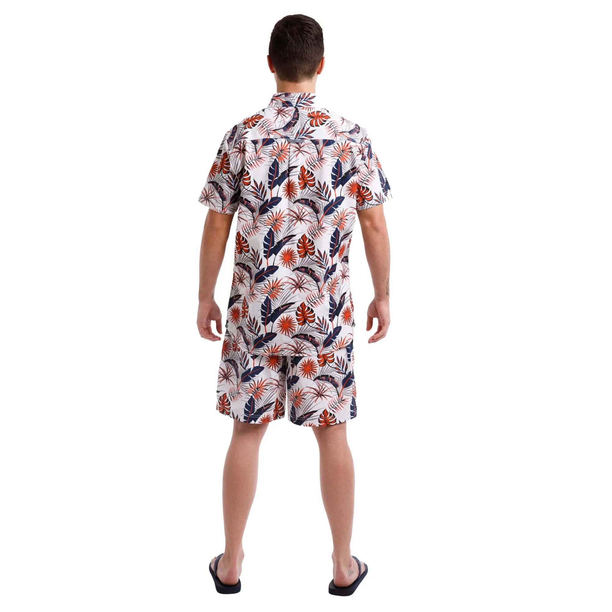 All Over Peached Poplin Print Drawstring Shorts | Orange Tropical Leaves