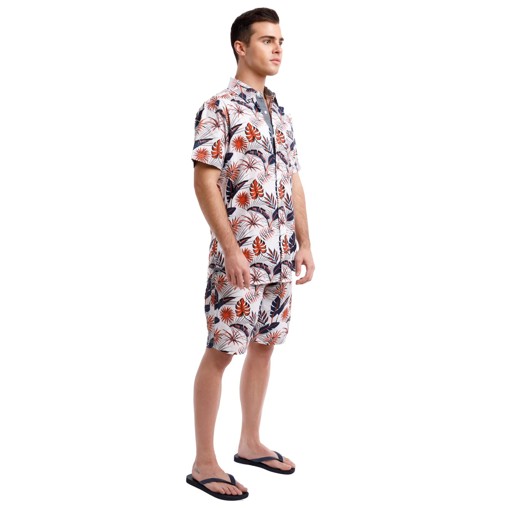 All Over Peached Poplin Print Drawstring Shorts | Orange Tropical Leaves