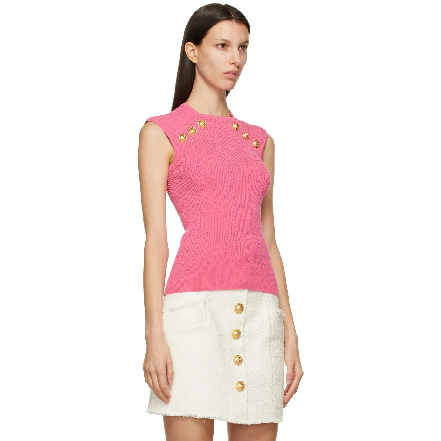 Balmain Pink Knit Button Tank Top