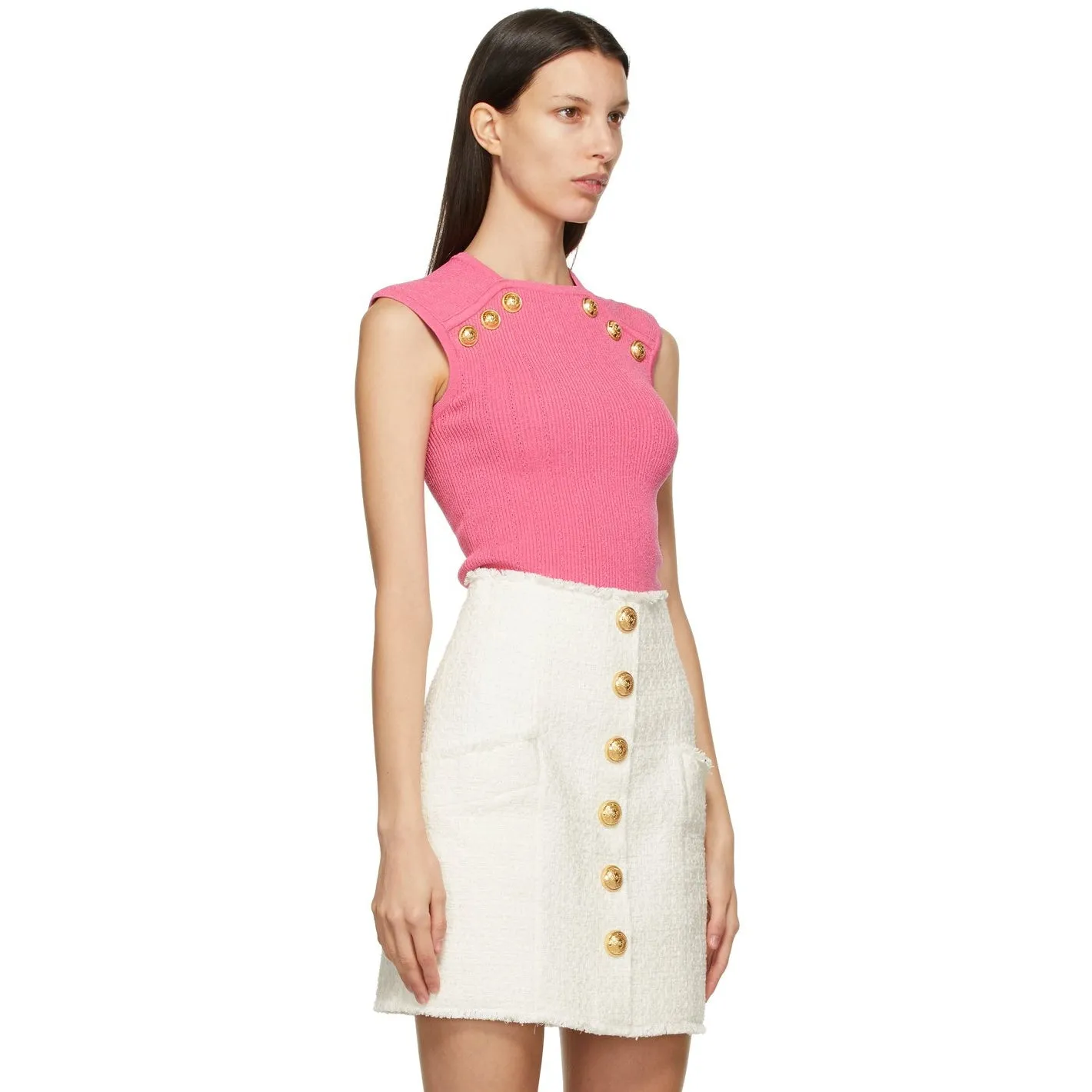 Balmain Pink Knit Button Tank Top