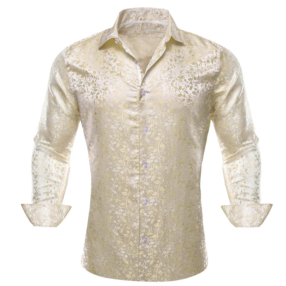 Barry.wang Button Down Shirt Men's Champagne Floral Silk Dress Shirt