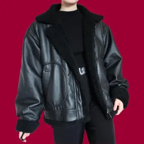Black faux leather aviator coat UK M