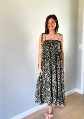 Black Spaghetti Tie Floral Maxi Dress