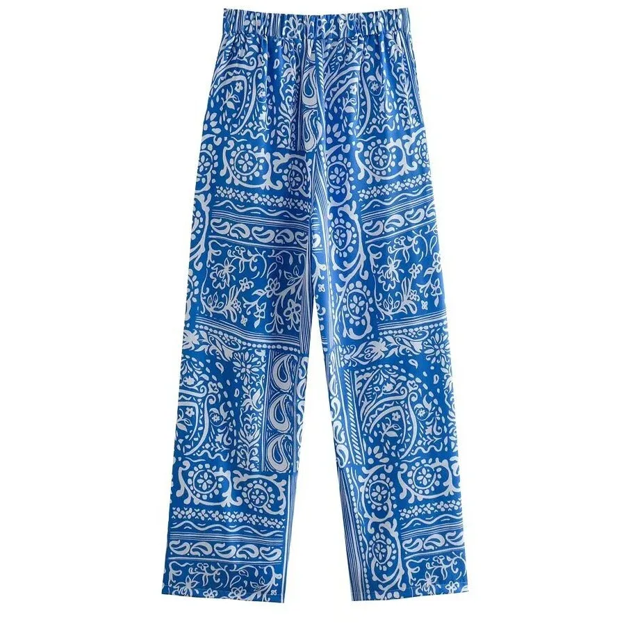 Blue Printed High Waist Pants