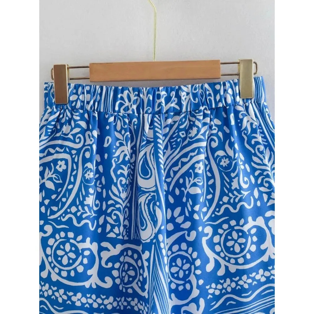 Blue Printed High Waist Pants