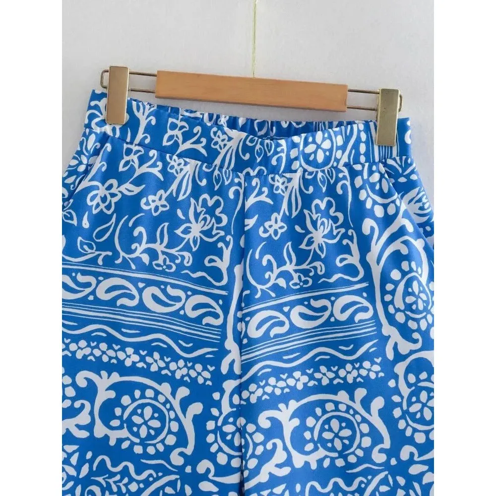 Blue Printed High Waist Pants