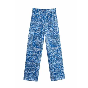 Blue Printed High Waist Pants