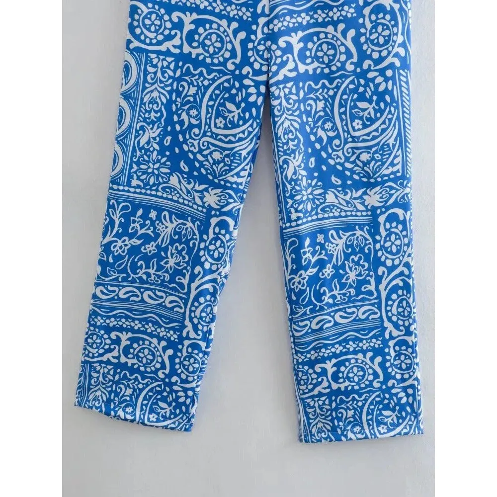 Blue Printed High Waist Pants