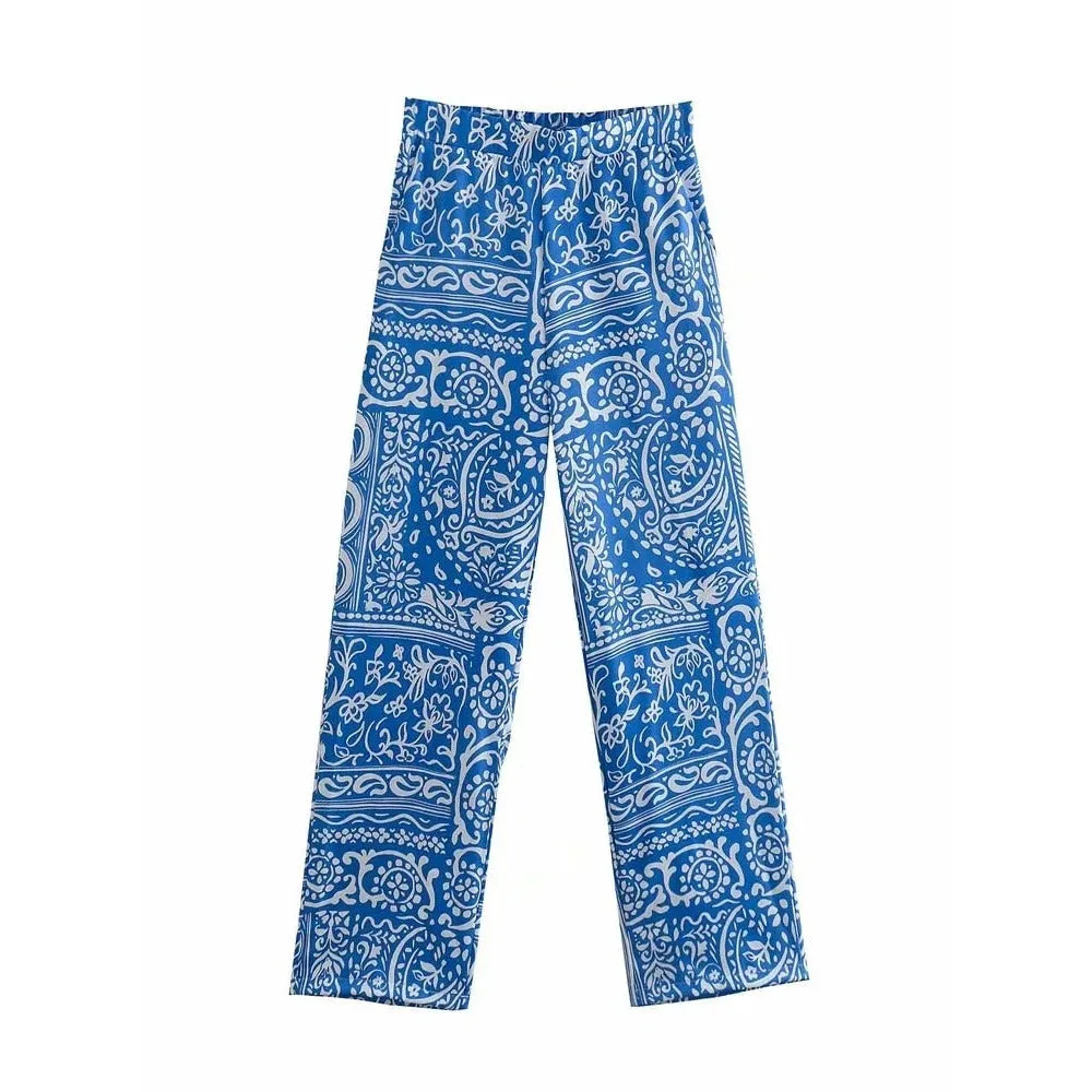 Blue Printed High Waist Pants