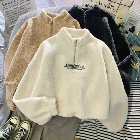 Cashmere Short Coat Fashion Women Letter Stand Collar Zipper Thick Loose Winter Pullover Sweatshirt Embroidery Female Tops