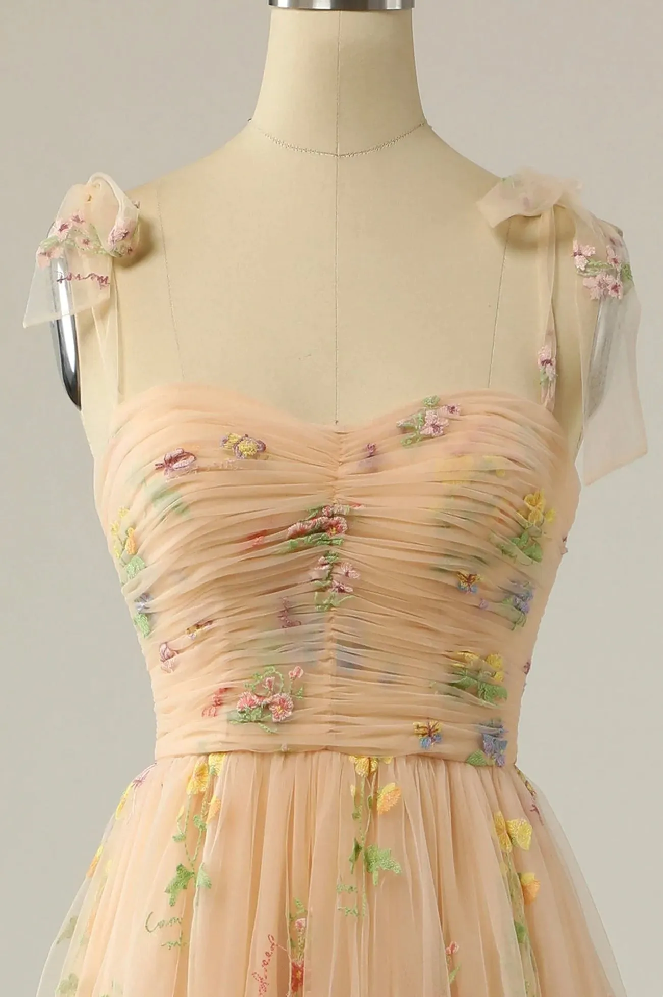 Champagne Tulle Lace Floor Length Prom Dress, A-Line Spaghetti Straps Evening Dress