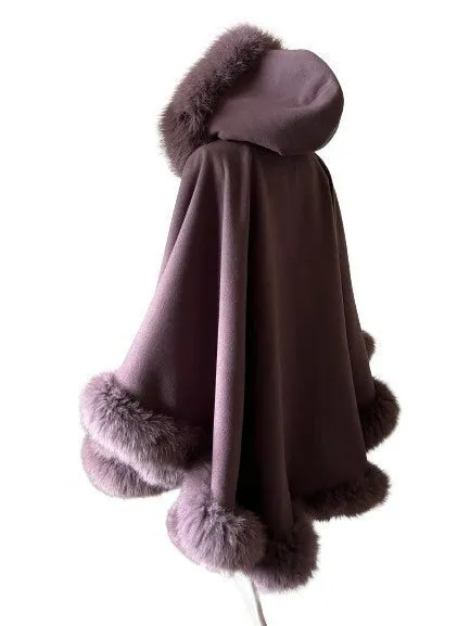 Dark Purple Women Winter Coat Cape Trim Fox Fur, Winter Women's Poncho Jacket lined, Warm Women's coat with a hood