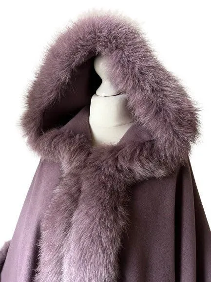 Dark Purple Women Winter Coat Cape Trim Fox Fur, Winter Women's Poncho Jacket lined, Warm Women's coat with a hood