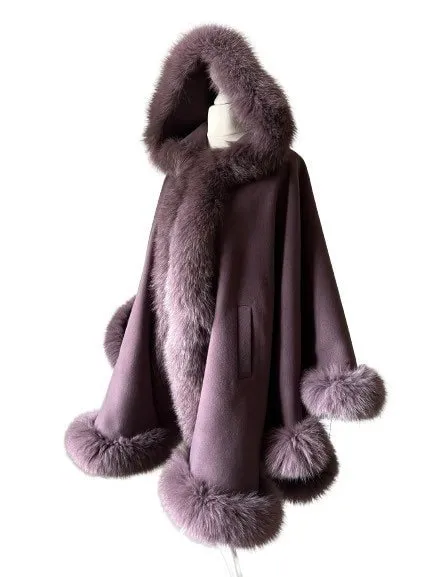 Dark Purple Women Winter Coat Cape Trim Fox Fur, Winter Women's Poncho Jacket lined, Warm Women's coat with a hood