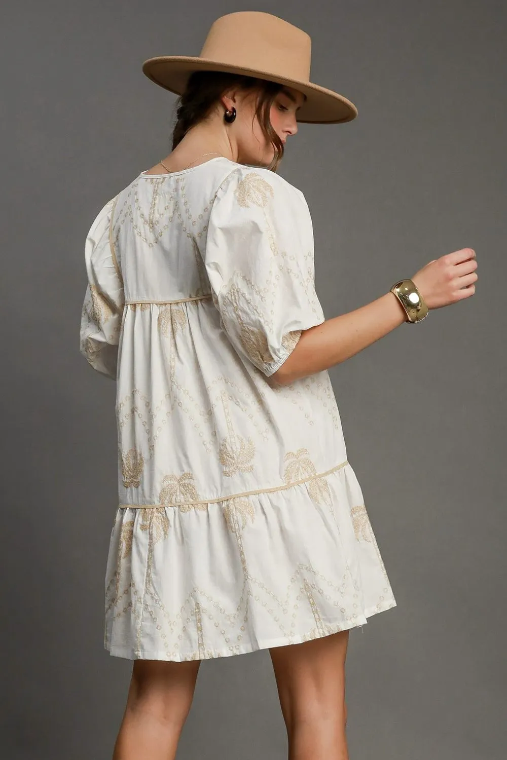 Embroidered Puff Sleeve Babydoll Dress