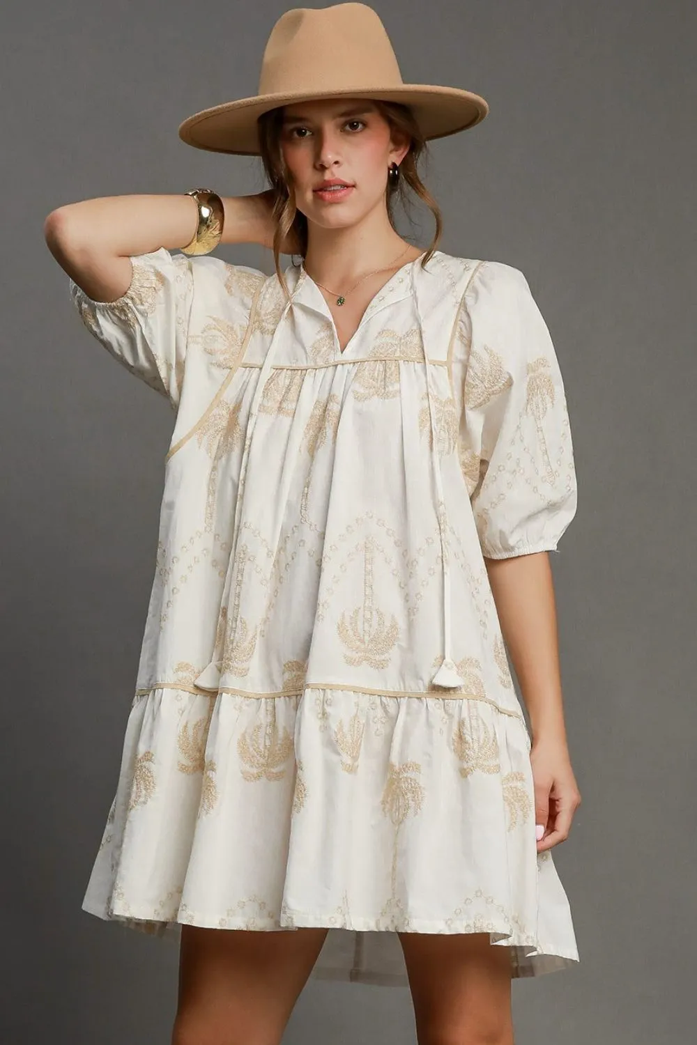 Embroidered Puff Sleeve Babydoll Dress