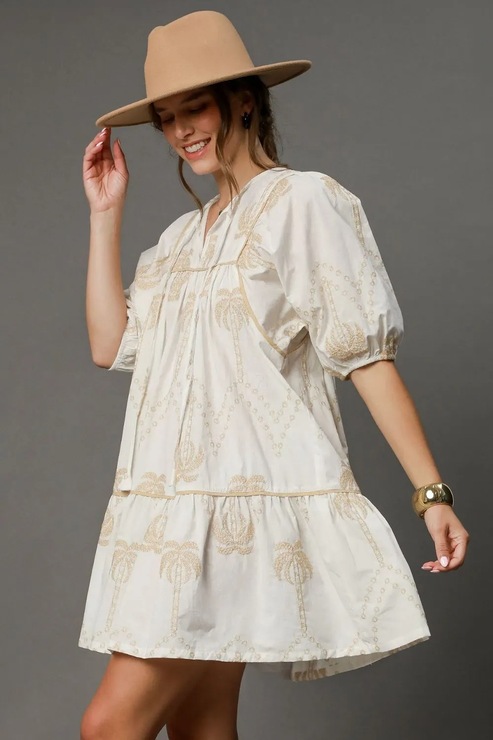 Embroidered Puff Sleeve Babydoll Dress