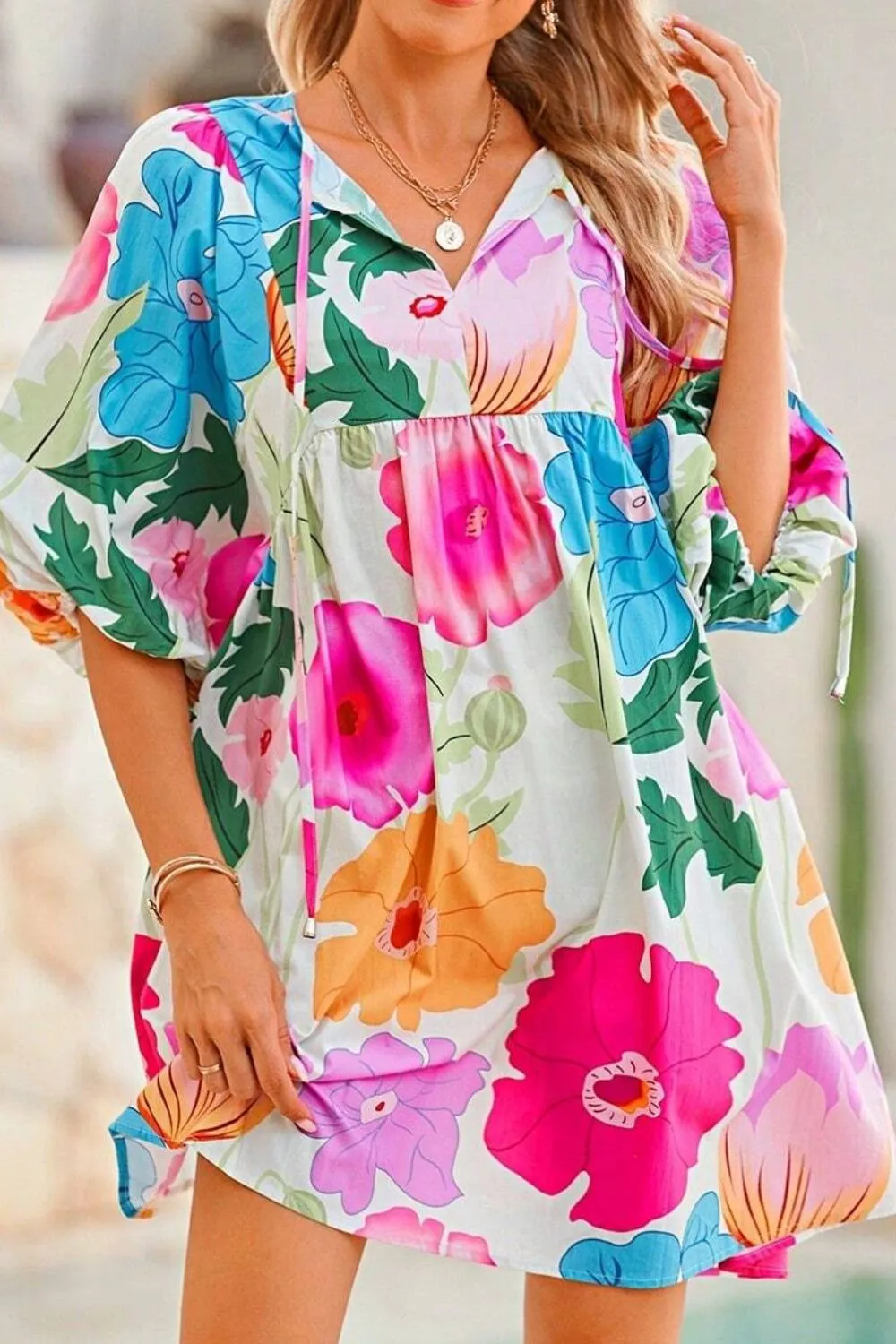 Floral Print Tie Neck Babydoll Dress