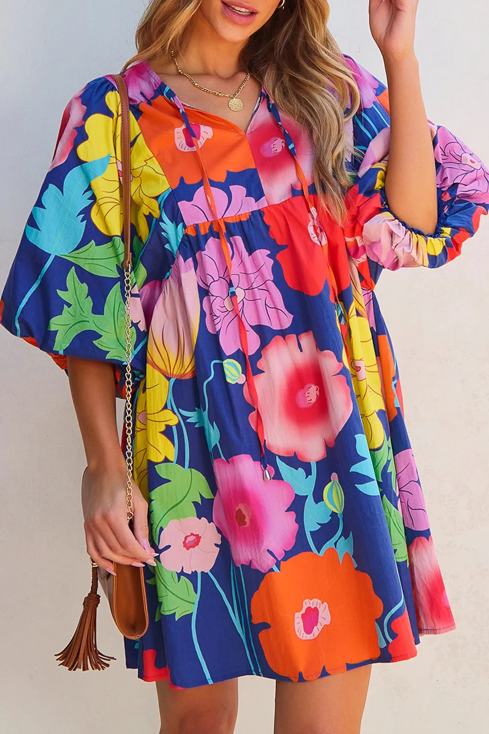 Floral Print Tie Neck Babydoll Dress
