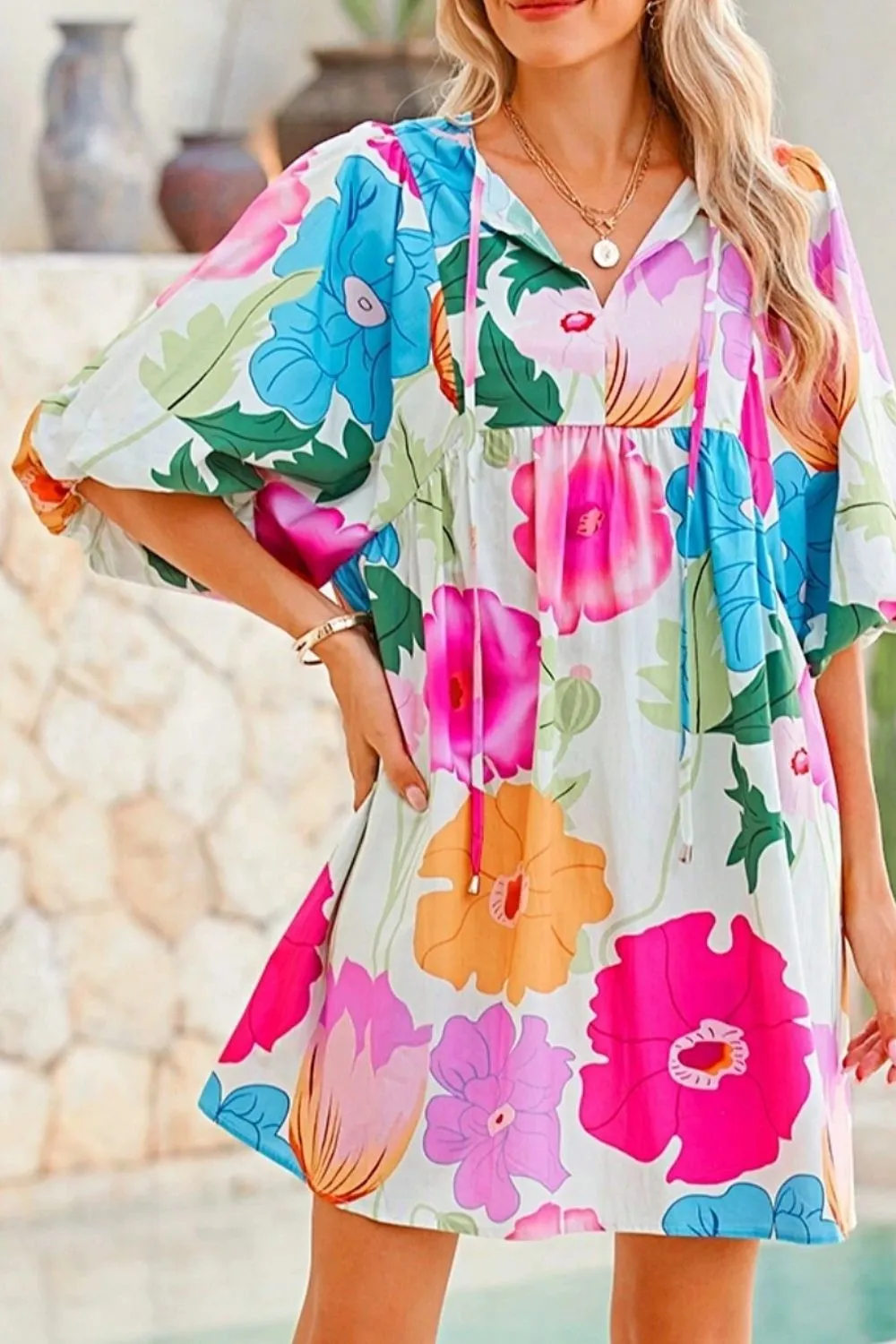 Floral Print Tie Neck Babydoll Dress