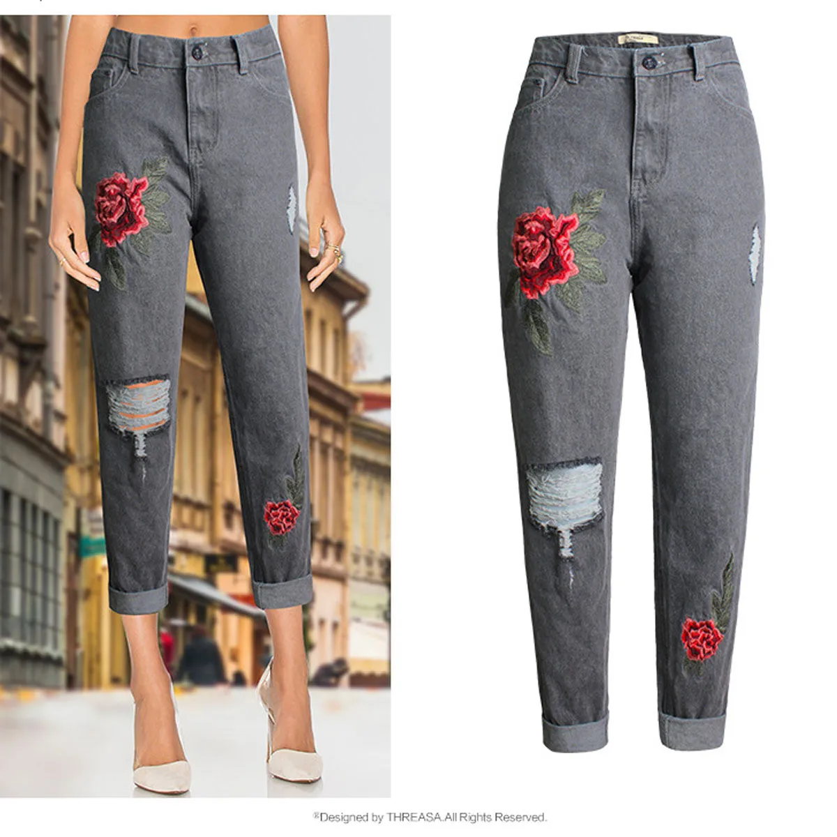 Flower Embroidery High Waist Denim Hole Pants