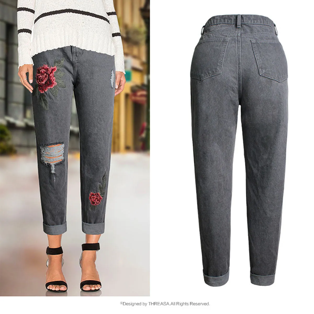 Flower Embroidery High Waist Denim Hole Pants