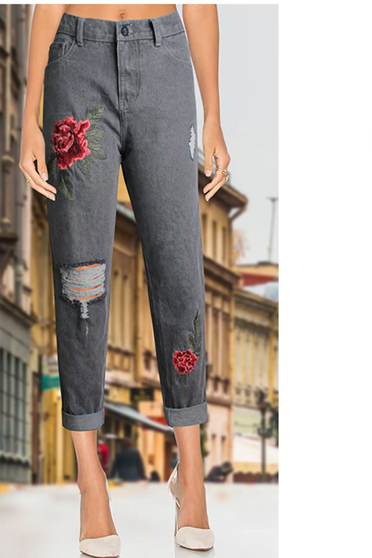 Flower Embroidery High Waist Denim Hole Pants