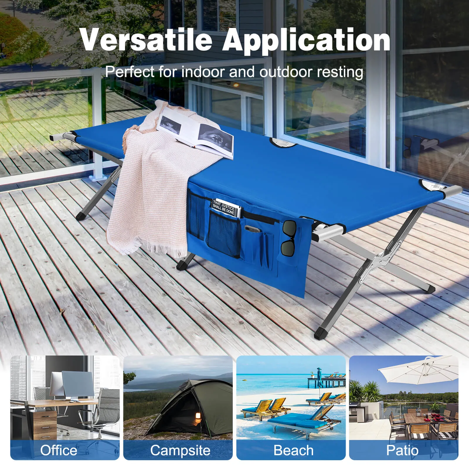 Folding Camping Bed Outdoor Sleeping Cot with Carry Bag for Beach-Blue