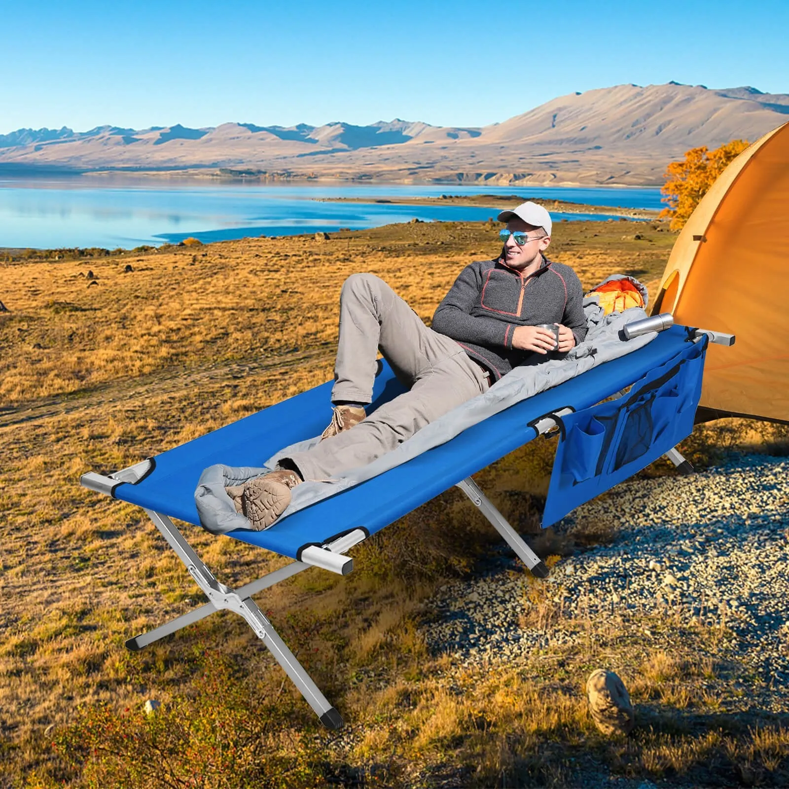 Folding Camping Bed Outdoor Sleeping Cot with Carry Bag for Beach-Blue