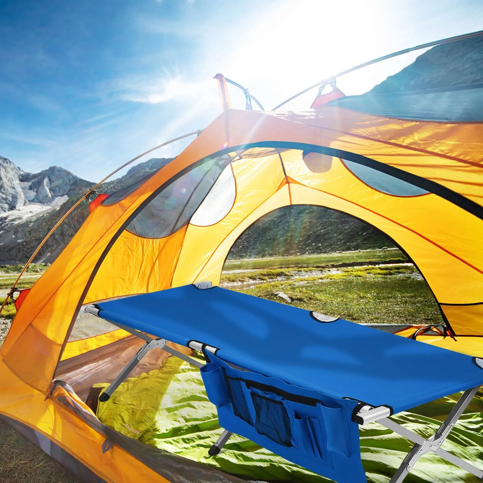 Folding Camping Bed Outdoor Sleeping Cot with Carry Bag for Beach-Blue