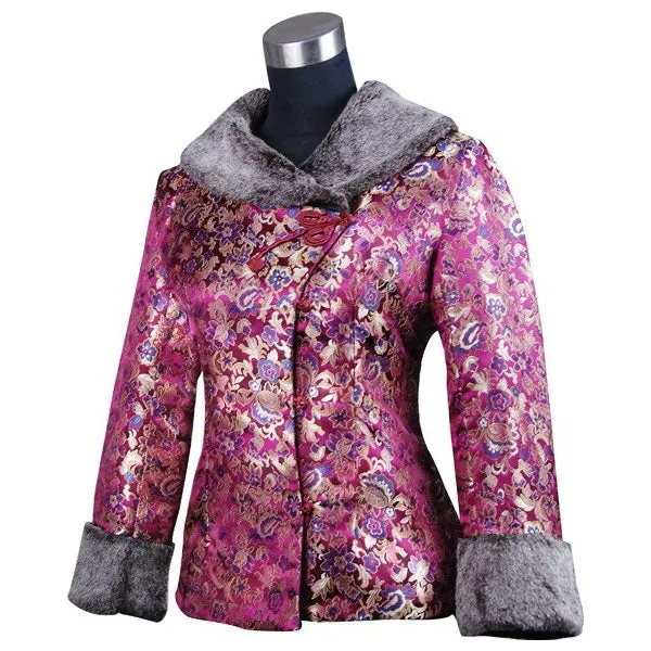 Fur Collar & Cuff Brocade Traditional Chinese Wadded Jacket