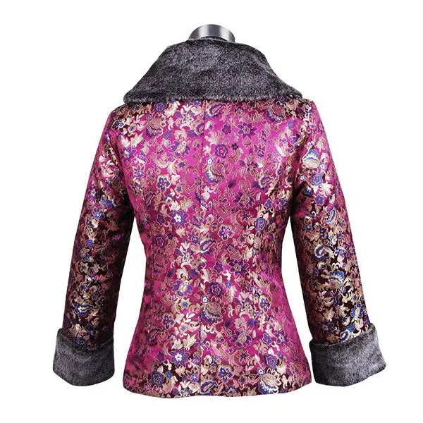 Fur Collar & Cuff Brocade Traditional Chinese Wadded Jacket
