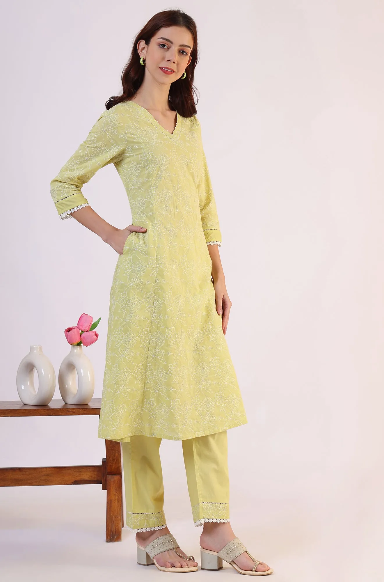 Green Embroidered Lace Flared Pure Cotton Kurta & Straight Pant With Dupatta Set