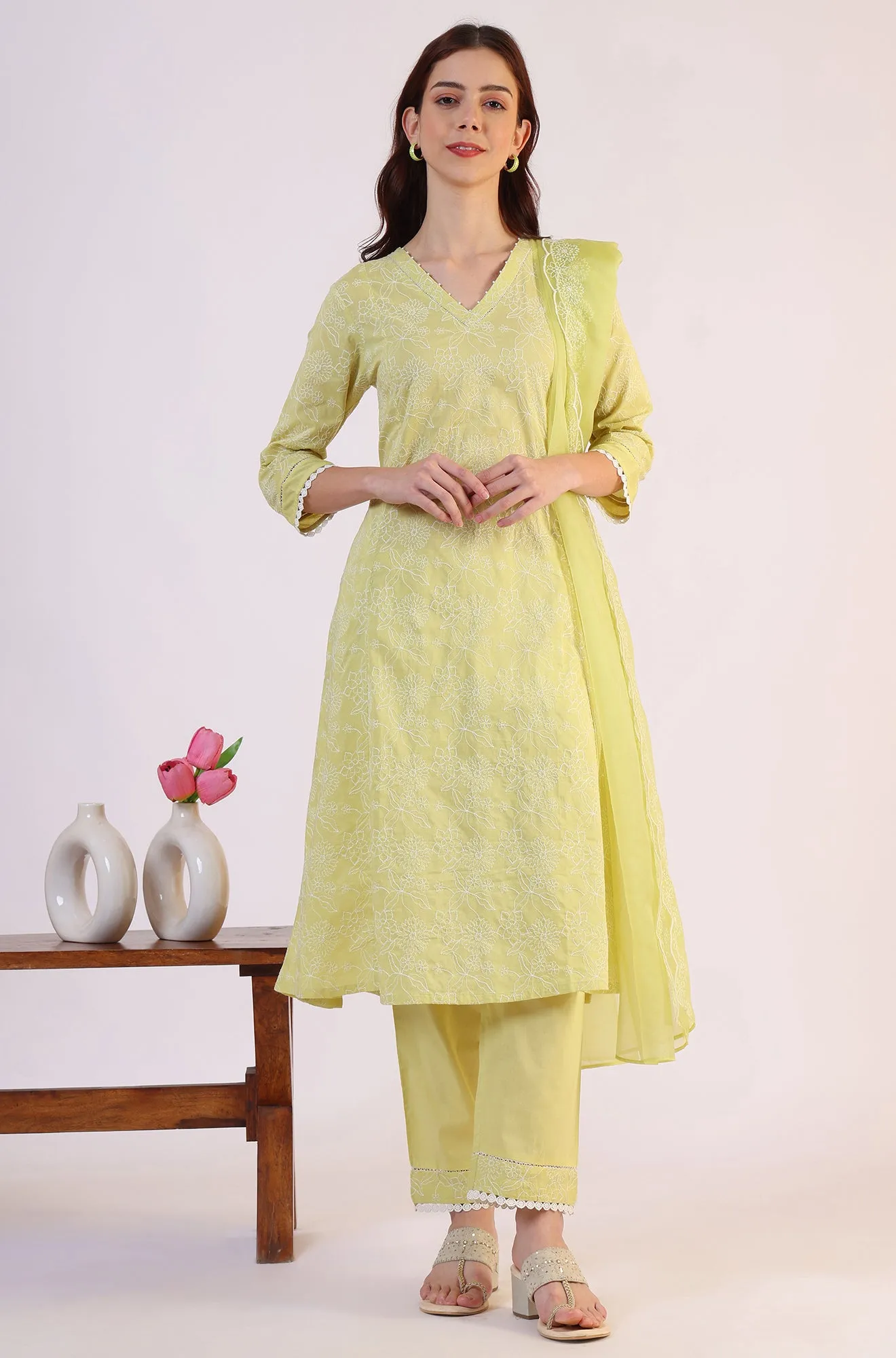 Green Embroidered Lace Flared Pure Cotton Kurta & Straight Pant With Dupatta Set