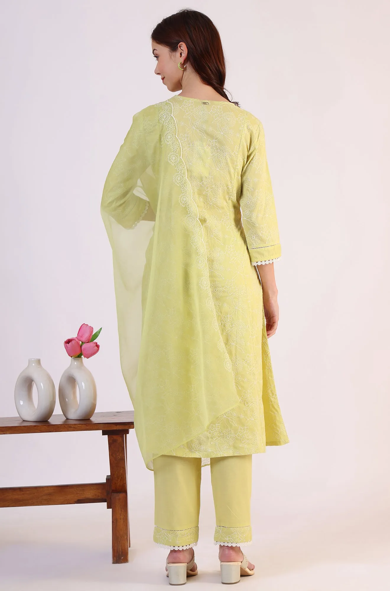 Green Embroidered Lace Flared Pure Cotton Kurta & Straight Pant With Dupatta Set