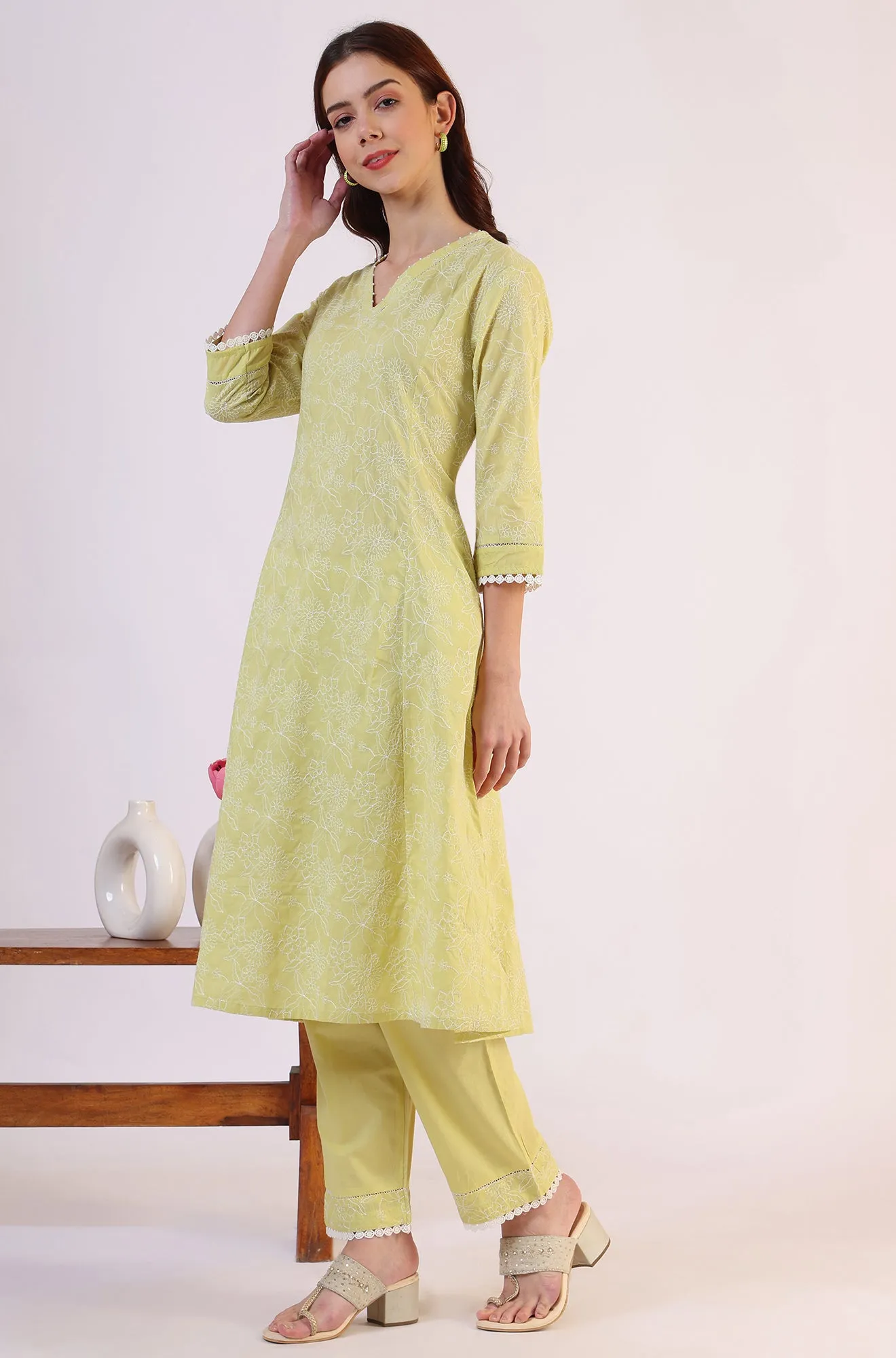 Green Embroidered Lace Flared Pure Cotton Kurta & Straight Pant With Dupatta Set
