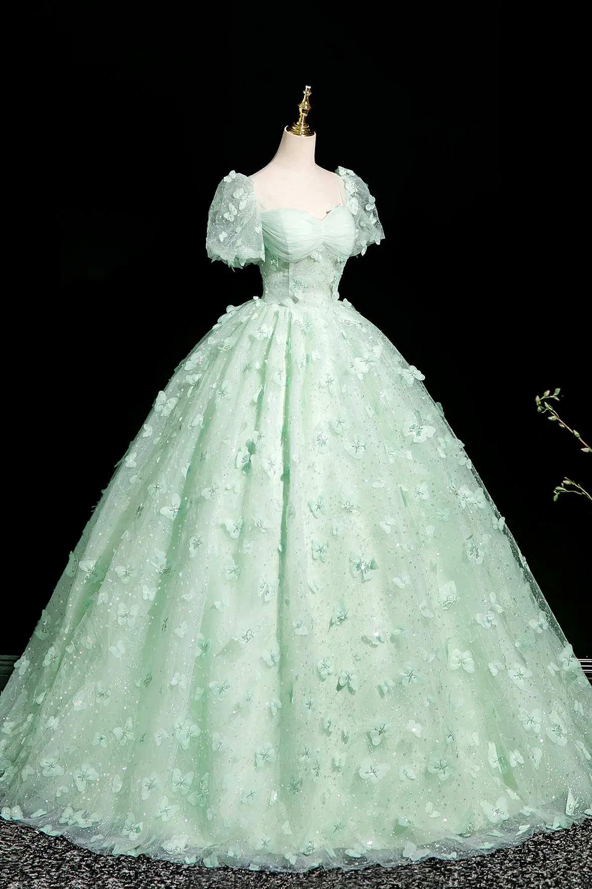 Green Tulle Butterfly Long Prom Dress, Lovely A-Line Short Sleeve Evening Party Dress