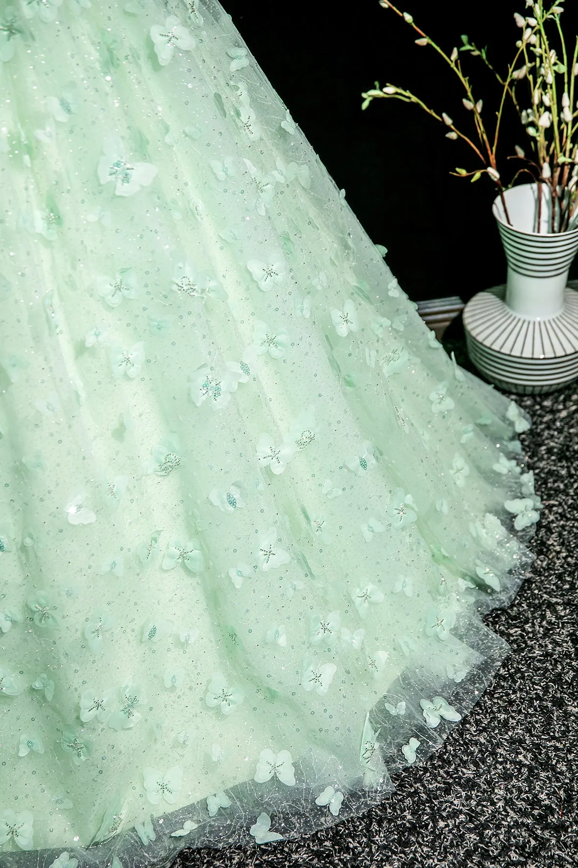 Green Tulle Butterfly Long Prom Dress, Lovely A-Line Short Sleeve Evening Party Dress