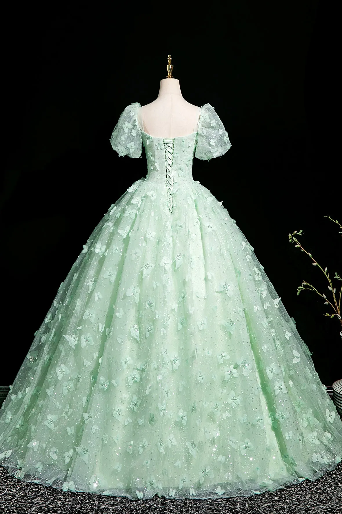 Green Tulle Butterfly Long Prom Dress, Lovely A-Line Short Sleeve Evening Party Dress