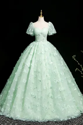 Green Tulle Butterfly Long Prom Dress, Lovely A-Line Short Sleeve Evening Party Dress