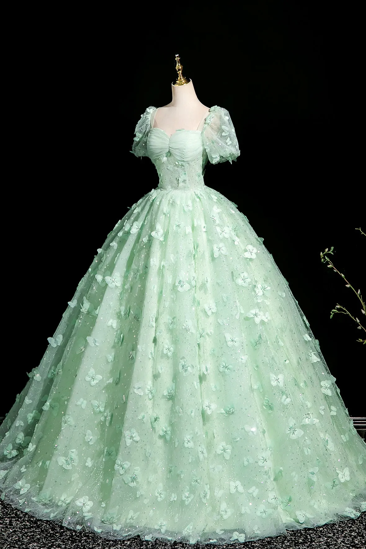 Green Tulle Butterfly Long Prom Dress, Lovely A-Line Short Sleeve Evening Party Dress