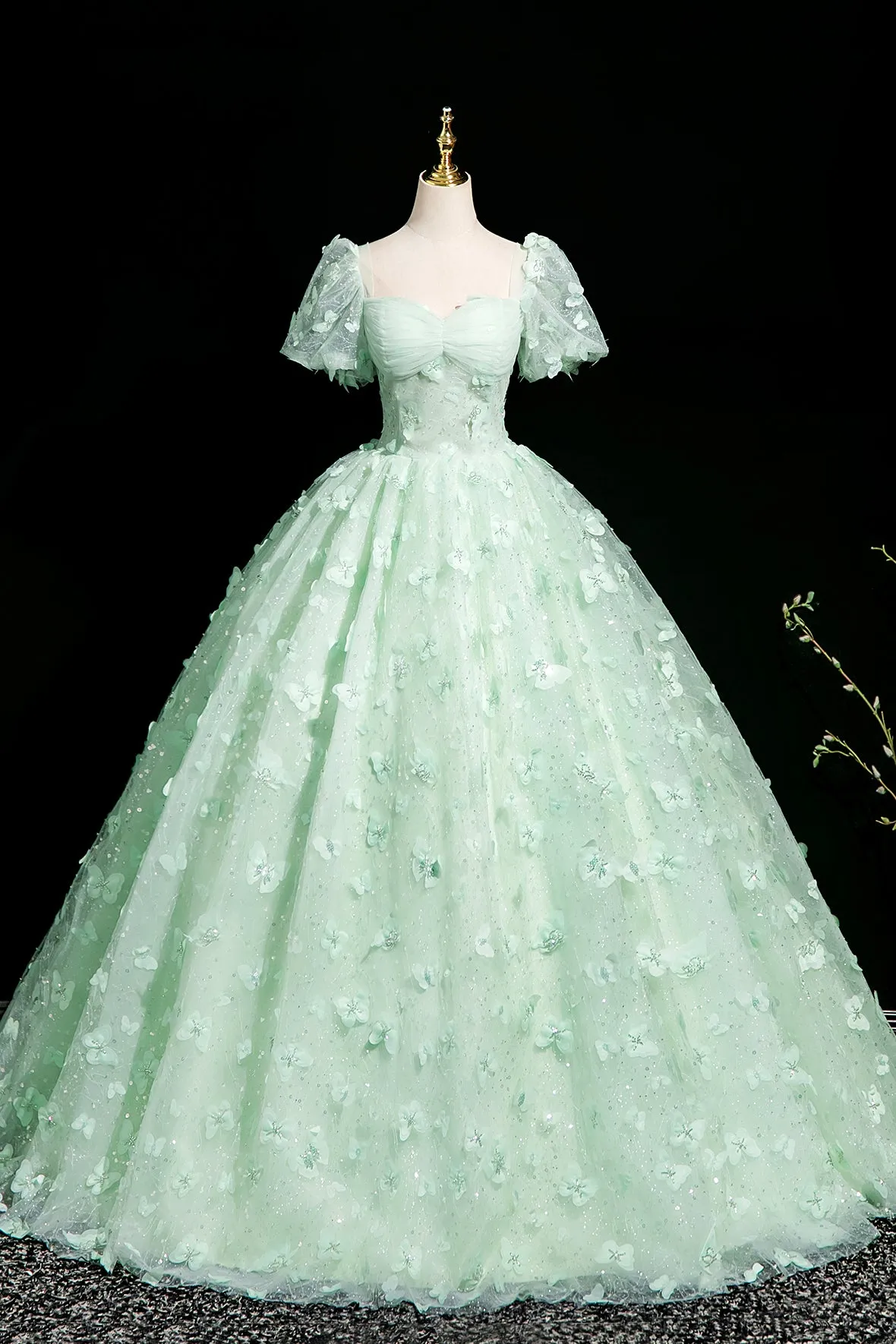 Green Tulle Butterfly Long Prom Dress, Lovely A-Line Short Sleeve Evening Party Dress