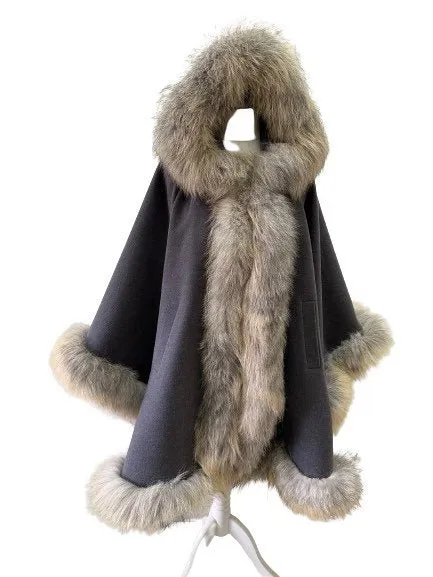 Grey Women Winter Coat Cape Trim Fox Fur, Winter Women's Poncho Jacket lined, Warm Women's coat with a hood