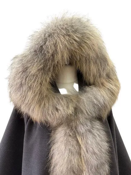 Grey Women Winter Coat Cape Trim Fox Fur, Winter Women's Poncho Jacket lined, Warm Women's coat with a hood