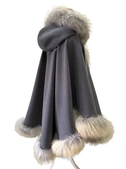 Grey Women Winter Coat Cape Trim Fox Fur, Winter Women's Poncho Jacket lined, Warm Women's coat with a hood