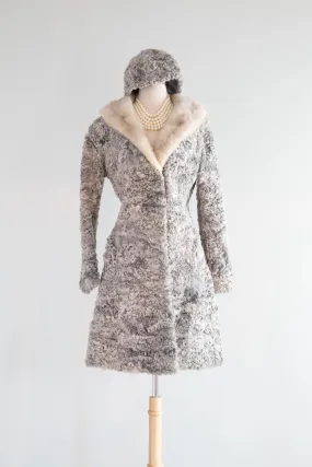 Ice Queen 1960's Silver Persian Lamb Princess Fur Coat and Matching Hat / ML