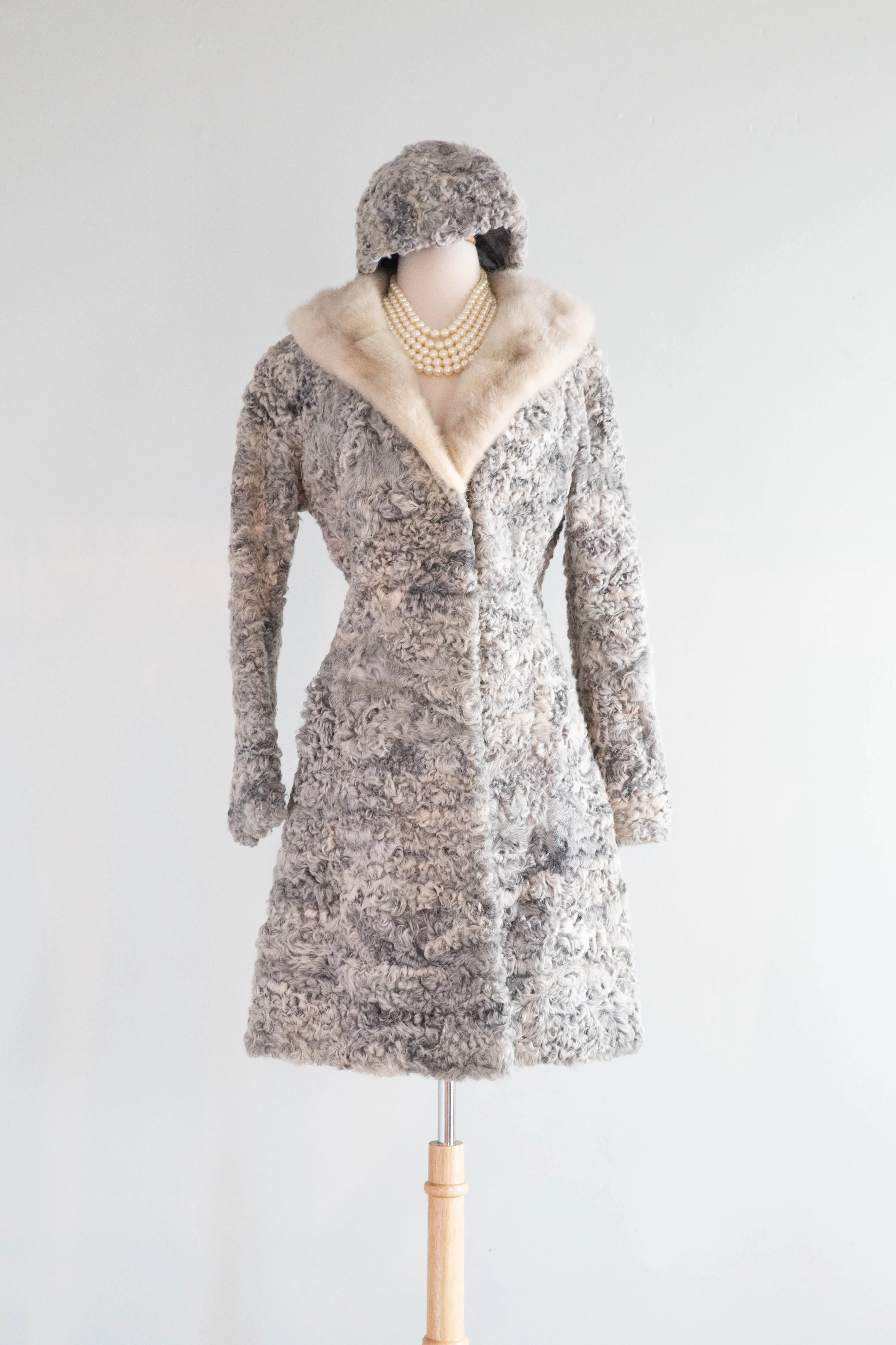 Ice Queen 1960's Silver Persian Lamb Princess Fur Coat and Matching Hat / ML