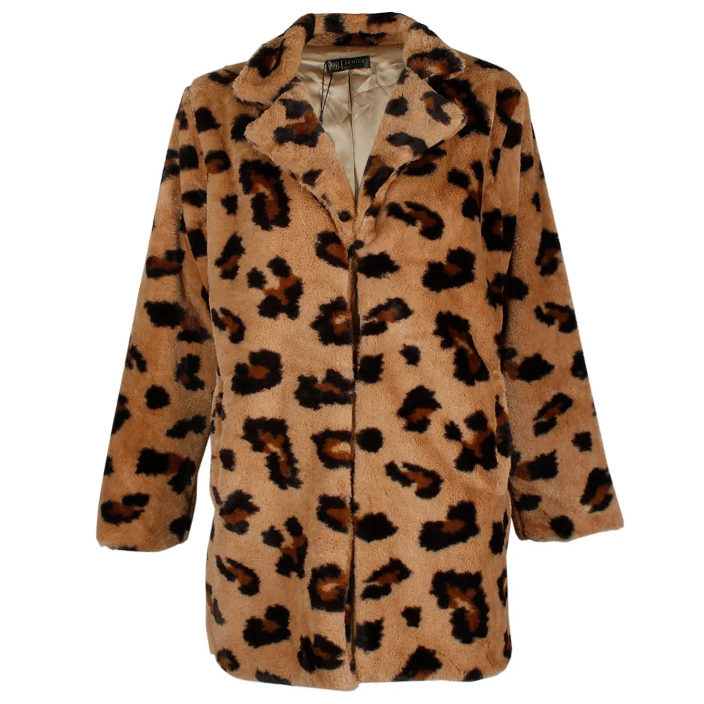 Janice Apparel Women's Faux Fur Animal Print Leopard Notch Collar Jacket No Size