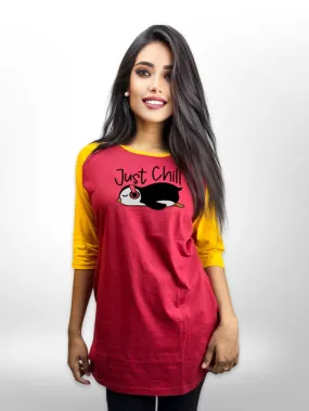 Just Chill Printed Long T-shirt Raglan Sleeve Side Pocket For Women's